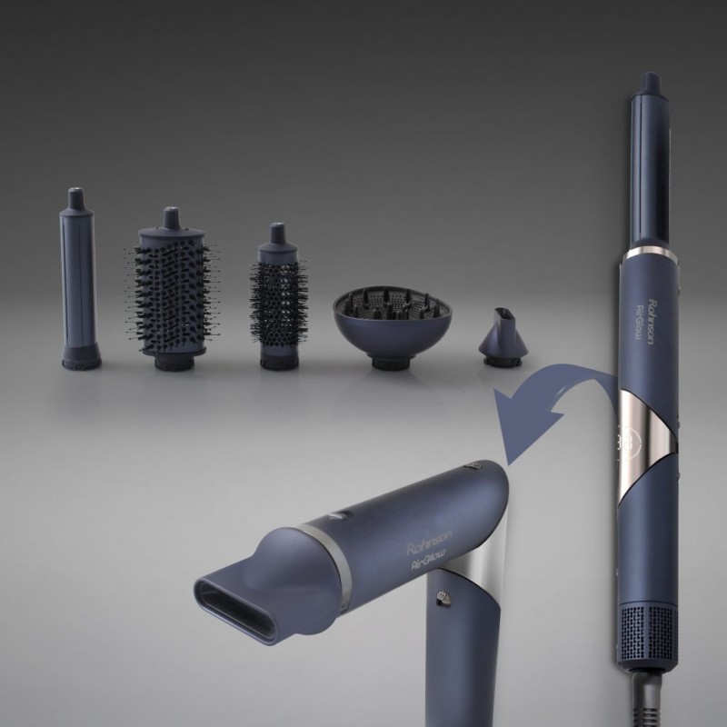 Uscător de păr multifunctional Rohnson R688 AirGlow, 1200-1400W, pliabil,afisaj LED ,6 accesorii invelis ceramic,ionizare ,5 moduri temperatura,3 trepte viteza,zgomot redus