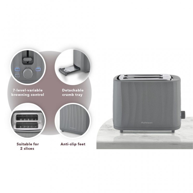 Prajitor paine Rohnson R2636, 930W, 2 sloturi, 7 trepte, decongelare, incalzire, anulare , tava firimituri, oprire automata, protecție la supraîncălzire, gri