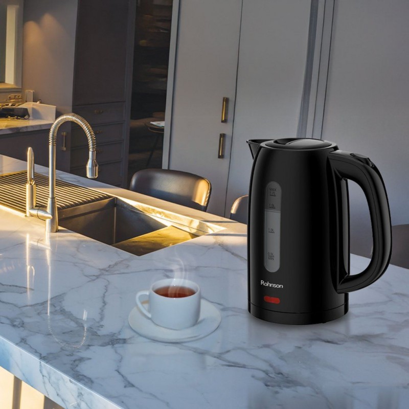 Fierbator electric Rohnson R7038, 2200 W, 1,7 L,baza pivotanta 360°, oprire automata, protectie supraincalzire, filtru anticalcar detasabil, Negru