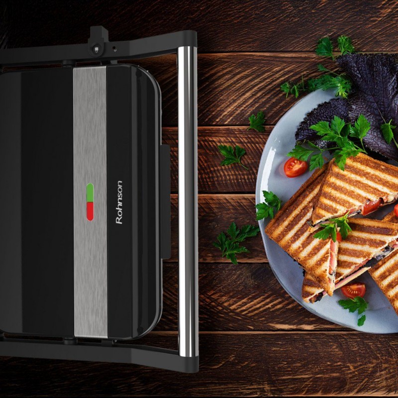 Sandwich maker Rohnson R2118, 23x14.5 cm, 1000W, tava colectare grasime ,deschidere 90°, invelis ceramic ,negru Sandwich maker Rohnson R2118, 23x14.5 cm, 1000W, tava colectare grasime ,deschidere 90°, invelis ceramic ,negru