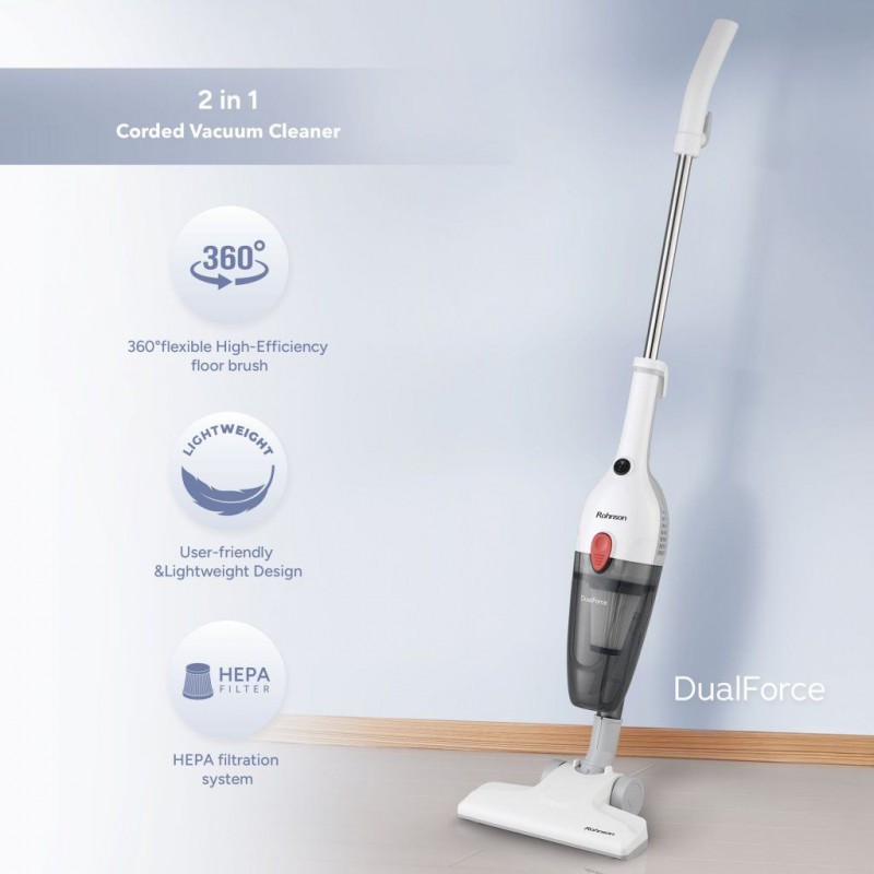 Aspirator de mana si vertical Rohnson R1226 Dual Force 2in1, cyclone, 600W, 1L, filtru HEPA,2 duze, 75dB