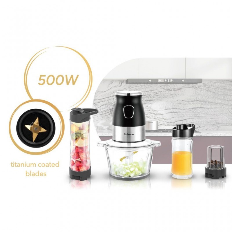 Chopper Rohnson 3 in 1 R5122,500W, bol sticla 2L, 4 lame de titan tocat, recipiente 400ml si 600 ml fara BPA,recipient macinare 100ml,2 lame titan macinare,85dB Chopper Rohnson 3 in 1 R5122,500W, bol sticla 2L, 4 lame de titan tocat, recipiente 400ml si 600 ml fara BPA,recipient macinare 100ml,2 lame titan macinare,85dB