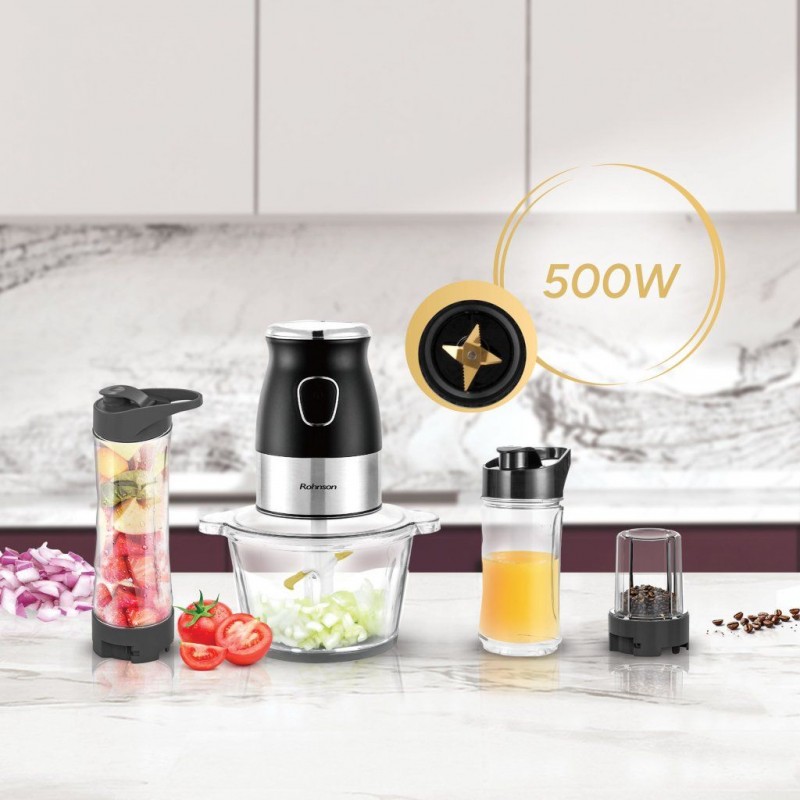 Chopper Rohnson 3 in 1 R5122,500W, bol sticla 2L, 4 lame de titan tocat, recipiente 400ml si 600 ml fara BPA,recipient macinare 100ml,2 lame titan macinare,85dB Chopper Rohnson 3 in 1 R5122,500W, bol sticla 2L, 4 lame de titan tocat, recipiente 400ml si 600 ml fara BPA,recipient macinare 100ml,2 lame titan macinare,85dB