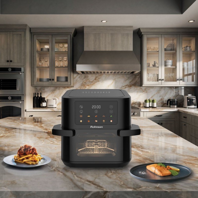 Friteuza cu aer cald Rohnson R2898 slim, 10L, 2350W, temporizator1-60 min, 10 programe,panou tactil digital LED,3D la 360°, iluminare interioara, protectie supraincalzire ,maner izolat termic Friteuza cu aer cald Rohnson R2898 slim, 10L, 2350W, temporizator1-60 min, 10 programe,panou tactil digital LED,3D la 360°, iluminare interioara, protectie supraincalzire ,maner izolat termic