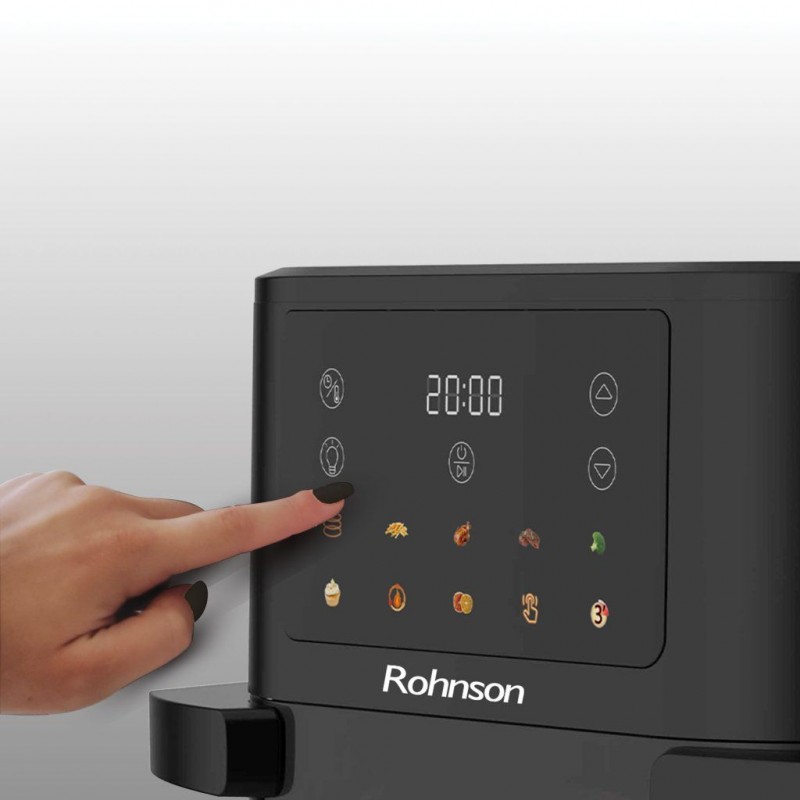 Friteuza cu aer cald Rohnson R2898 slim, 10L, 2350W, temporizator1-60 min, 10 programe,panou tactil digital LED,3D la 360°, iluminare interioara, protectie supraincalzire ,maner izolat termic Friteuza cu aer cald Rohnson R2898 slim, 10L, 2350W, temporizator1-60 min, 10 programe,panou tactil digital LED,3D la 360°, iluminare interioara, protectie supraincalzire ,maner izolat termic