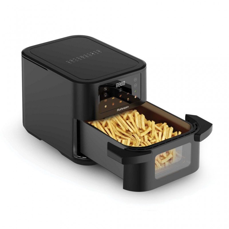 Friteuza cu aer cald Rohnson R2898 slim, 10L, 2350W, temporizator1-60 min, 10 programe,panou tactil digital LED,3D la 360°, iluminare interioara, protectie supraincalzire ,maner izolat termic Friteuza cu aer cald Rohnson R2898 slim, 10L, 2350W, temporizator1-60 min, 10 programe,panou tactil digital LED,3D la 360°, iluminare interioara, protectie supraincalzire ,maner izolat termic