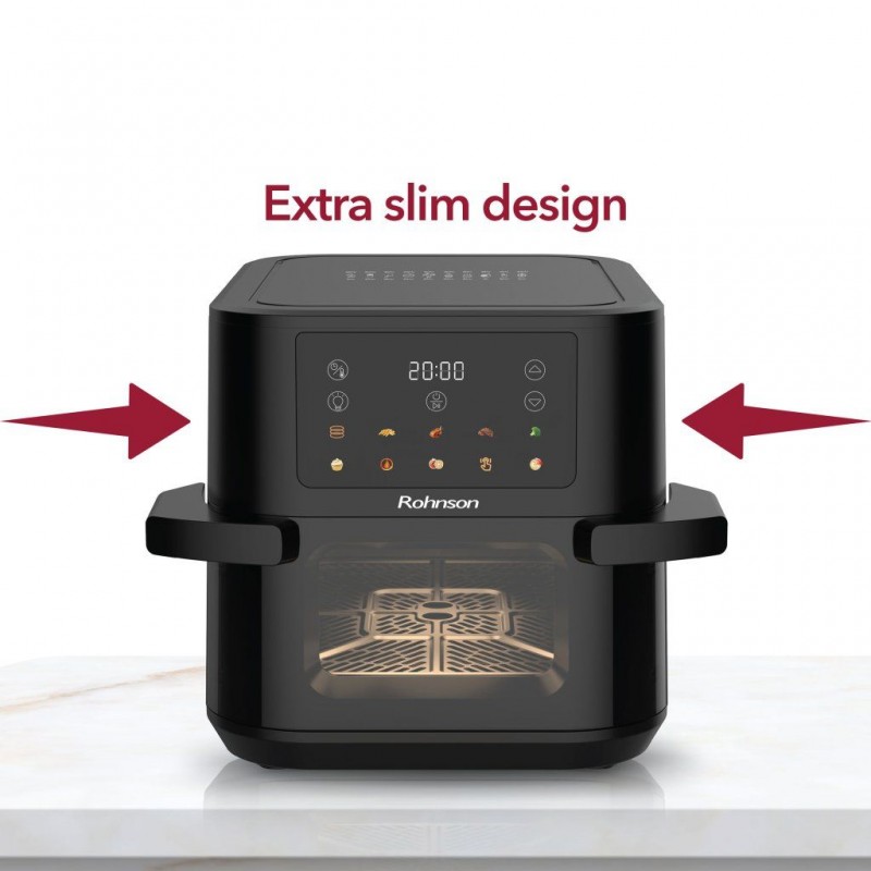 Friteuza cu aer cald Rohnson R2898 slim, 10L, 2350W, temporizator1-60 min, 10 programe,panou tactil digital LED,3D la 360°, iluminare interioara, protectie supraincalzire ,maner izolat termic Friteuza cu aer cald Rohnson R2898 slim, 10L, 2350W, temporizator1-60 min, 10 programe,panou tactil digital LED,3D la 360°, iluminare interioara, protectie supraincalzire ,maner izolat termic