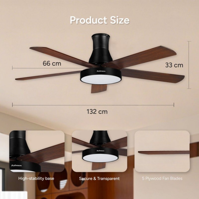 Ventilator de tavan Rohnson R8155, 65W,luminozitate maxima led, 132cm diametru,temporizator, 5 palete , 6 setari viteza, 150 m³/min,telecomanda ,45dB