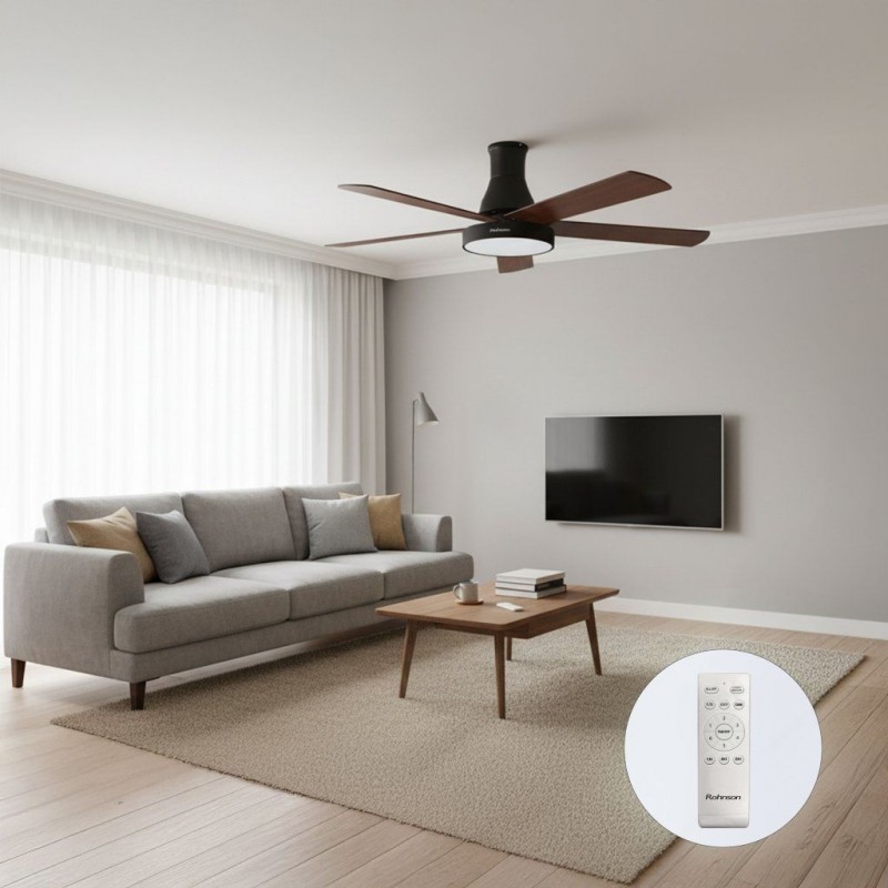 Ventilator de tavan Rohnson R8155, 65W,luminozitate maxima led, 132cm diametru,temporizator, 5 palete , 6 setari viteza, 150 m³/min,telecomanda ,45dB