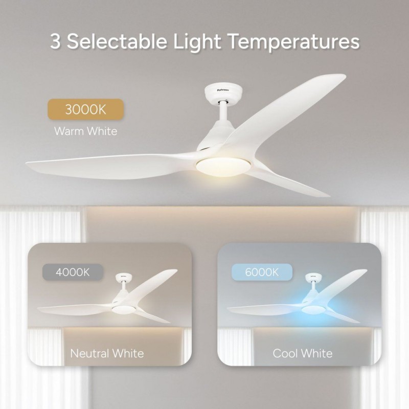 Ventilator de tavan Rohnson R8152, 55W,luminozitate maxima led , 132cm diametru,temporizator, 3 palete ABS, 6 setari viteza, 160 m³/min,telecomanda ,45dB Ventilator de tavan Rohnson R8152, 55W,luminozitate maxima led , 132cm diametru,temporizator, 3 palete ABS, 6 setari viteza, 160 m³/min,telecomanda ,45dB