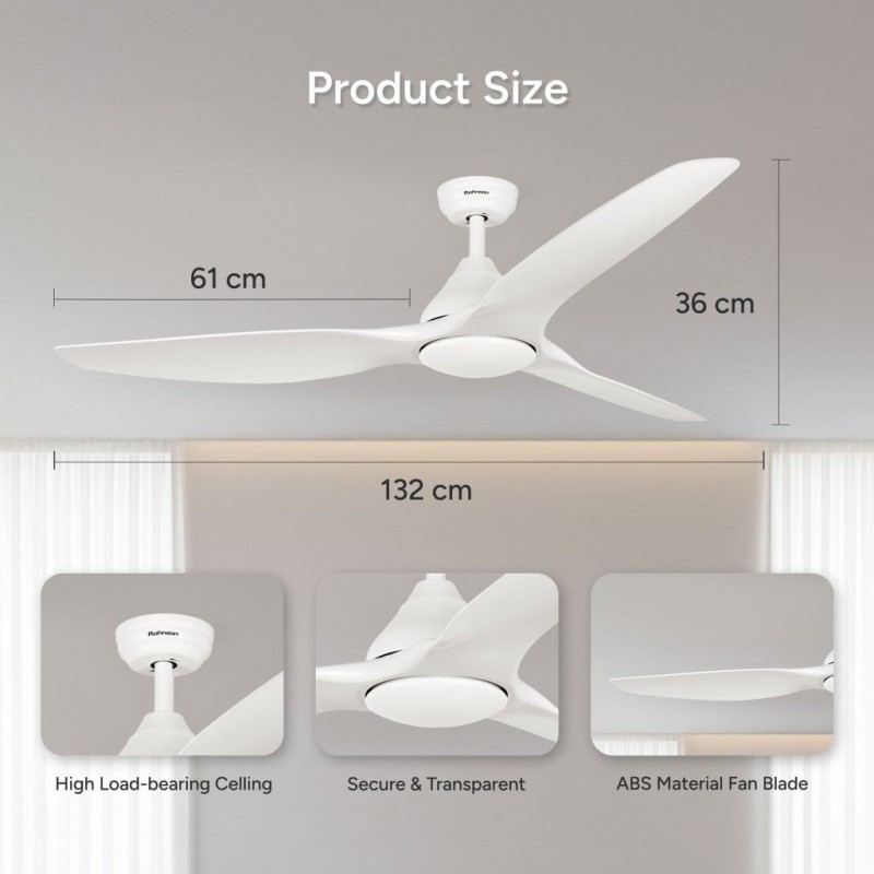 Ventilator de tavan Rohnson R8152, 55W,luminozitate maxima led , 132cm diametru,temporizator, 3 palete ABS, 6 setari viteza, 160 m³/min,telecomanda ,45dB Ventilator de tavan Rohnson R8152, 55W,luminozitate maxima led , 132cm diametru,temporizator, 3 palete ABS, 6 setari viteza, 160 m³/min,telecomanda ,45dB