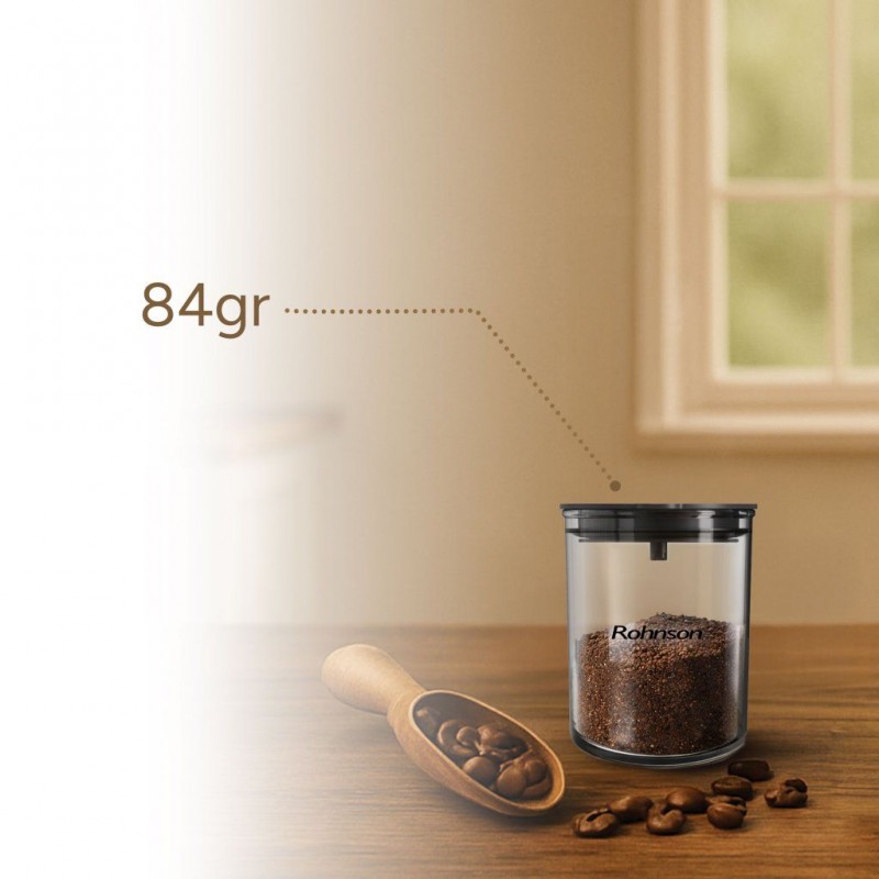 Râșniță electrică de cafea Rohnson R98095,150W,75 de niveluri de macinare,recipient boabe cafea 120g, timp macinare 5-60s,sistem protectie supraincalzire ,85dB