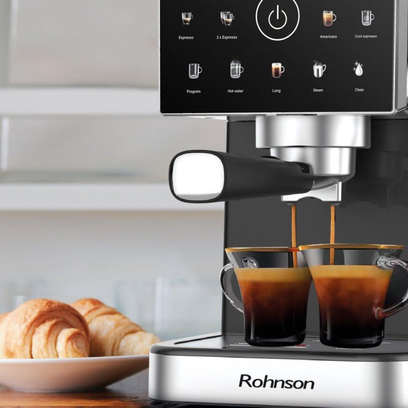 Espressor manual Rohnson R98033B, 20 bari, 1350 W, 1,5 L,display tactil color,protectie la supraincalzire si suprapresiune, ERP, NTC, PID,negru
