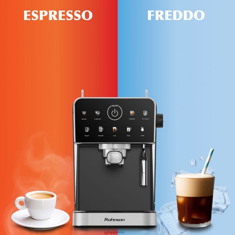 Espressor manual Rohnson R98033B, 20 bari, 1350 W, 1,5 L,display tactil color,protectie la supraincalzire si suprapresiune, ERP, NTC, PID,negru
