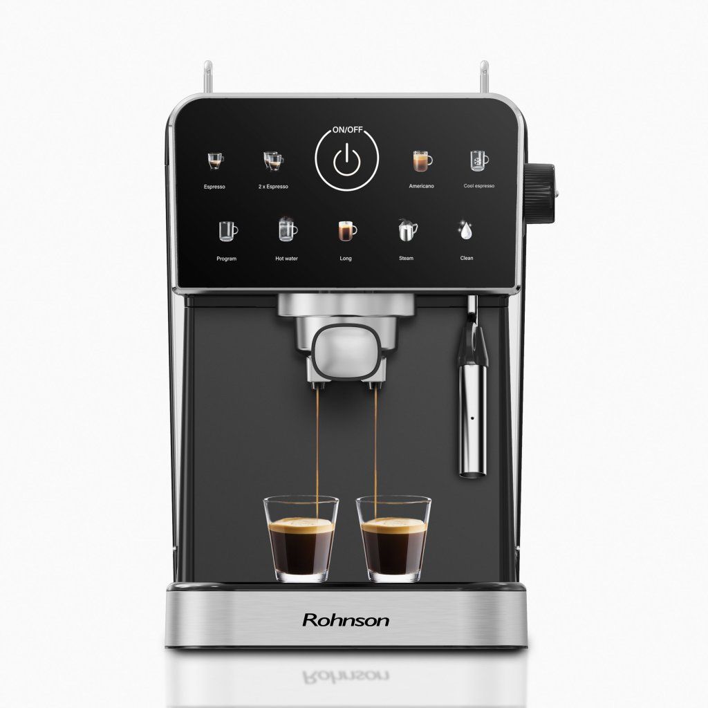 Espressor manual Rohnson R98033B, 20 bari, 1350 W, 1,5 L,display tactil color,protectie la supraincalzire si suprapresiune, ERP, NTC, PID,negru
