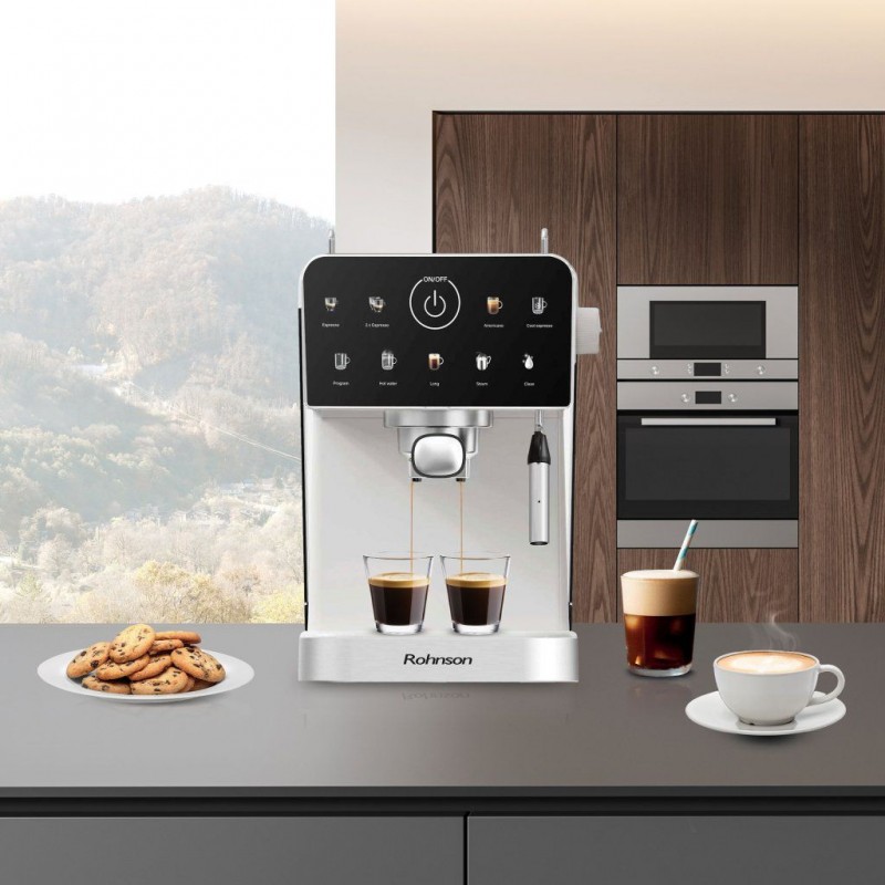 Espressor manual Rohnson R98033C, 20 bari, 1350 W, 1,5 L,display tactil color,protectie la supraincalzire si suprapresiune, ERP, NTC, PID,crem Espressor manual Rohnson R98033C, 20 bari, 1350 W, 1,5 L,display tactil color,protectie la supraincalzire si suprapresiune, ERP, NTC, PID,crem