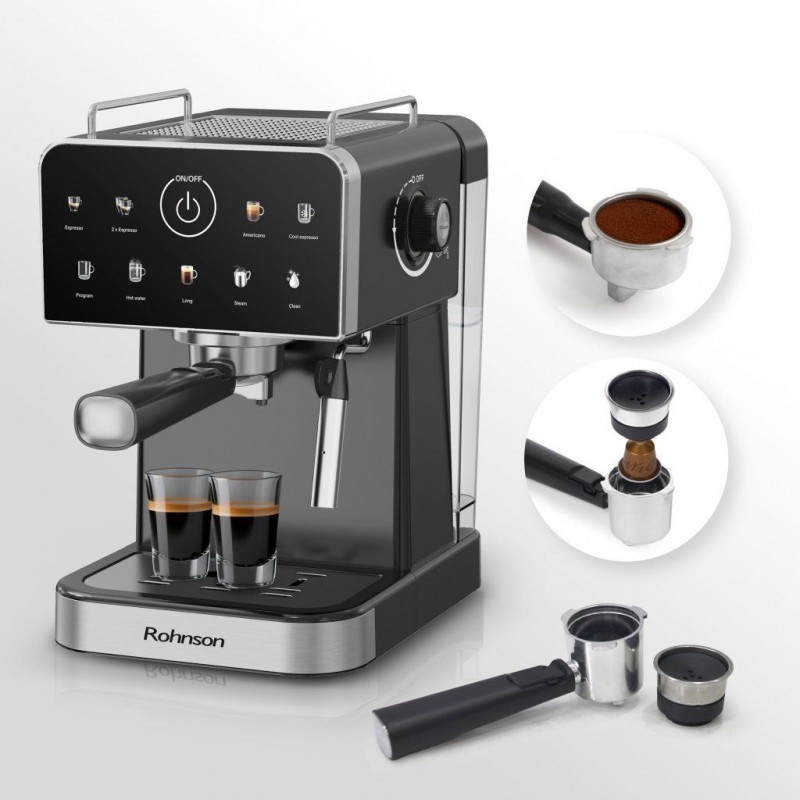 Espressor manual Rohnson R98031, 20 bari, 1350 W, 1,5 L,display tactil color,cafea macinata sau capsule Nespresso®,protectie la supraincalzire si suprapresiune, ERP, NTC, PID,negru