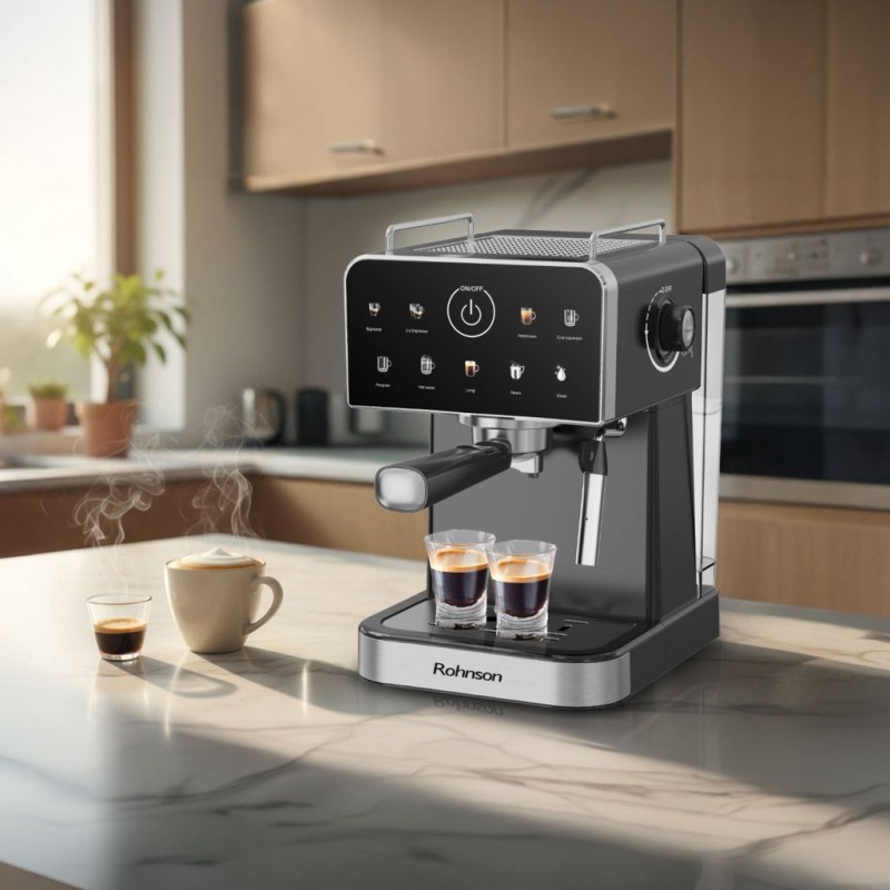 Espressor manual Rohnson R98031, 20 bari, 1350 W, 1,5 L,display tactil color,cafea macinata sau capsule Nespresso®,protectie la supraincalzire si suprapresiune, ERP, NTC, PID,negru