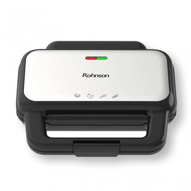 Sandwich maker Rohnson R2758,900W, placi antiaderente fara PFAS 28.5x15.2 cm, picioare antiderapante, maner izolat termic, protectie supraincalzire, argintiu-negru