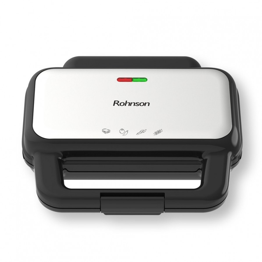 Sandwich maker Rohnson R2758,900W, placi antiaderente fara PFAS 28.5x15.2 cm, picioare antiderapante, maner izolat termic, protectie supraincalzire, argintiu-negru
