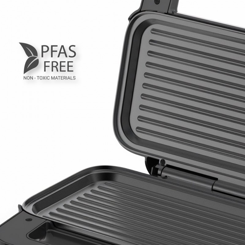 Sandwich maker Rohnson R2758,900W, placi antiaderente fara PFAS 28.5x15.2 cm, picioare antiderapante, maner izolat termic, protectie supraincalzire, argintiu-negru