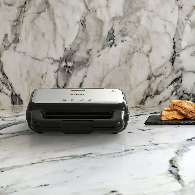 Sandwich maker Rohnson R2758,900W, placi antiaderente fara PFAS 28.5x15.2 cm, picioare antiderapante, maner izolat termic, protectie supraincalzire, argintiu-negru