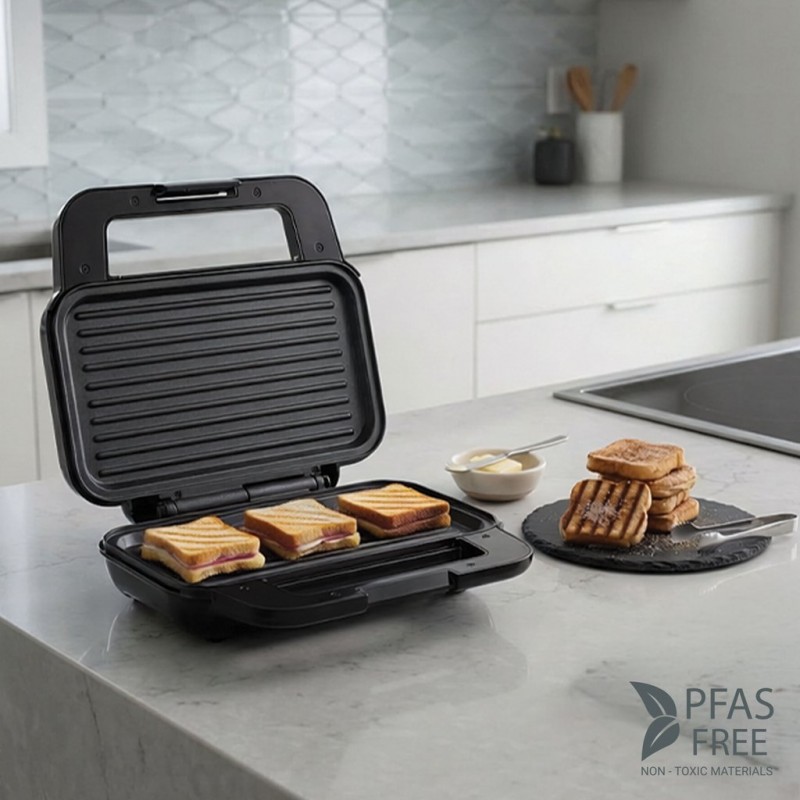 Sandwich maker Rohnson R2758,900W, placi antiaderente fara PFAS 28.5x15.2 cm, picioare antiderapante, maner izolat termic, protectie supraincalzire, argintiu-negru