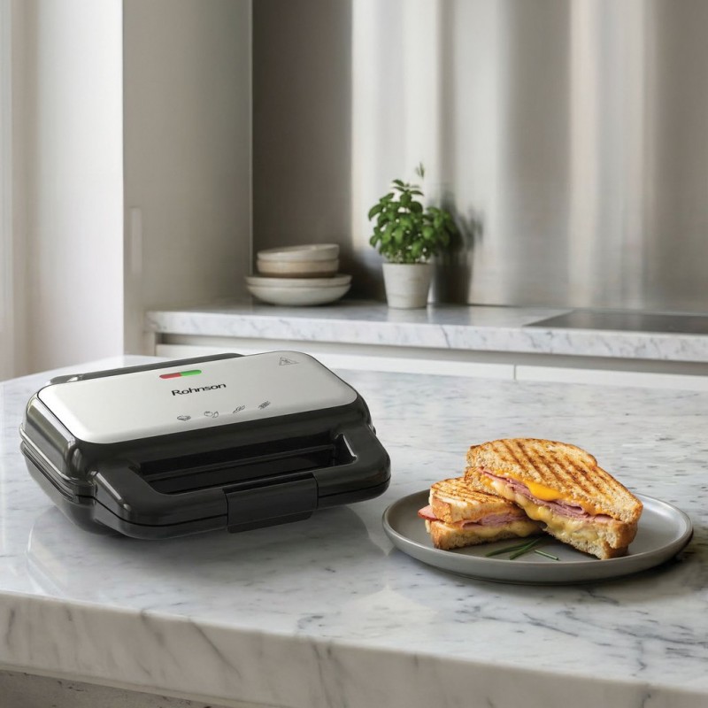 Sandwich maker Rohnson R2758,900W, placi antiaderente fara PFAS 28.5x15.2 cm, picioare antiderapante, maner izolat termic, protectie supraincalzire, argintiu-negru
