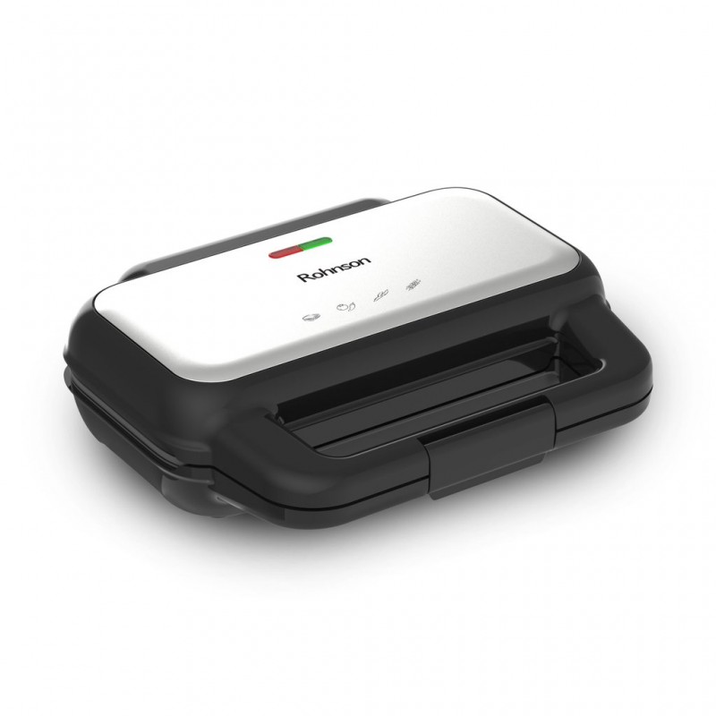 Sandwich maker Rohnson R2758,900W, placi antiaderente fara PFAS 28.5x15.2 cm, picioare antiderapante, maner izolat termic, protectie supraincalzire, argintiu-negru