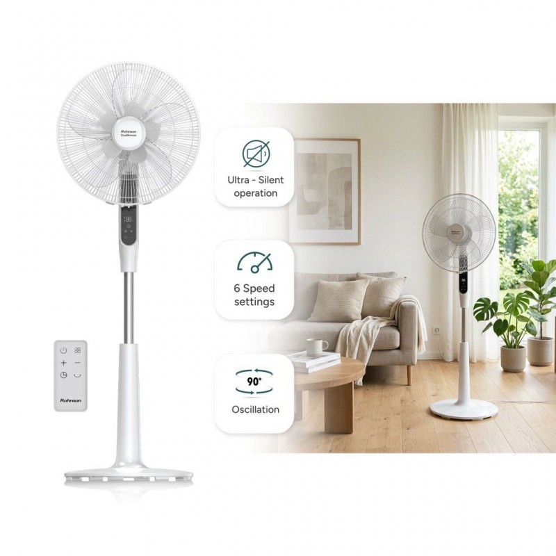 Ventilator cu picior Rohnson R8610 Dual Breeze, putere 56W, 40cm diametru, afisaj LED, 6 setari viteza,temporizator,telecomanda ,baza stabila,28dB Ventilator cu picior Rohnson R8610 Dual Breeze, putere 56W, 40cm diametru, afisaj LED, 6 setari viteza,temporizator,telecomanda ,baza stabila,28dB