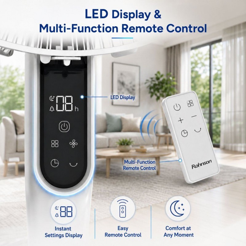 Ventilator cu picior Rohnson R8610 Dual Breeze, putere 56W, 40cm diametru, afisaj LED, 6 setari viteza,temporizator,telecomanda ,baza stabila,28dB Ventilator cu picior Rohnson R8610 Dual Breeze, putere 56W, 40cm diametru, afisaj LED, 6 setari viteza,temporizator,telecomanda ,baza stabila,28dB