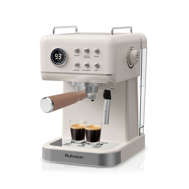 Espressor manual Rohnson R98036 RETRO, 20 bari, 1350 W, 1,5 L,cafea macinata sau capsule Nespresso®,protectie la supraincalzire si suprapresiune, ERP, NTC, PID,crem