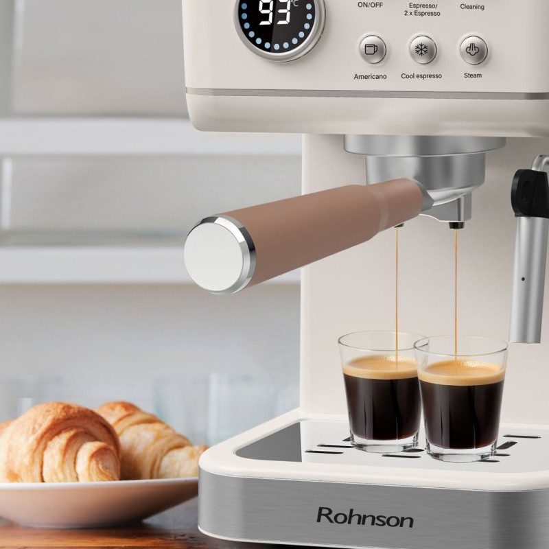 Espressor manual Rohnson R98036 RETRO, 20 bari, 1350 W, 1,5 L,cafea macinata sau capsule Nespresso®,protectie la supraincalzire si suprapresiune, ERP, NTC, PID,crem