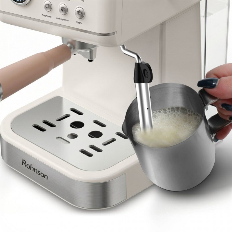 Espressor manual Rohnson R98036 RETRO, 20 bari, 1350 W, 1,5 L,cafea macinata sau capsule Nespresso®,protectie la supraincalzire si suprapresiune, ERP, NTC, PID,crem