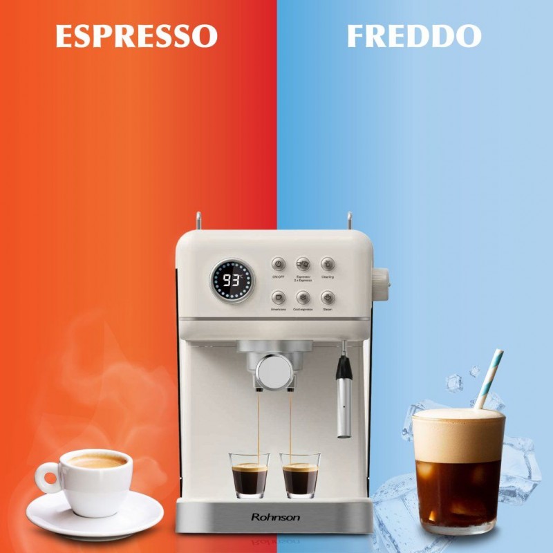 Espressor manual Rohnson R98036 RETRO, 20 bari, 1350 W, 1,5 L,cafea macinata sau capsule Nespresso®,protectie la supraincalzire si suprapresiune, ERP, NTC, PID,crem