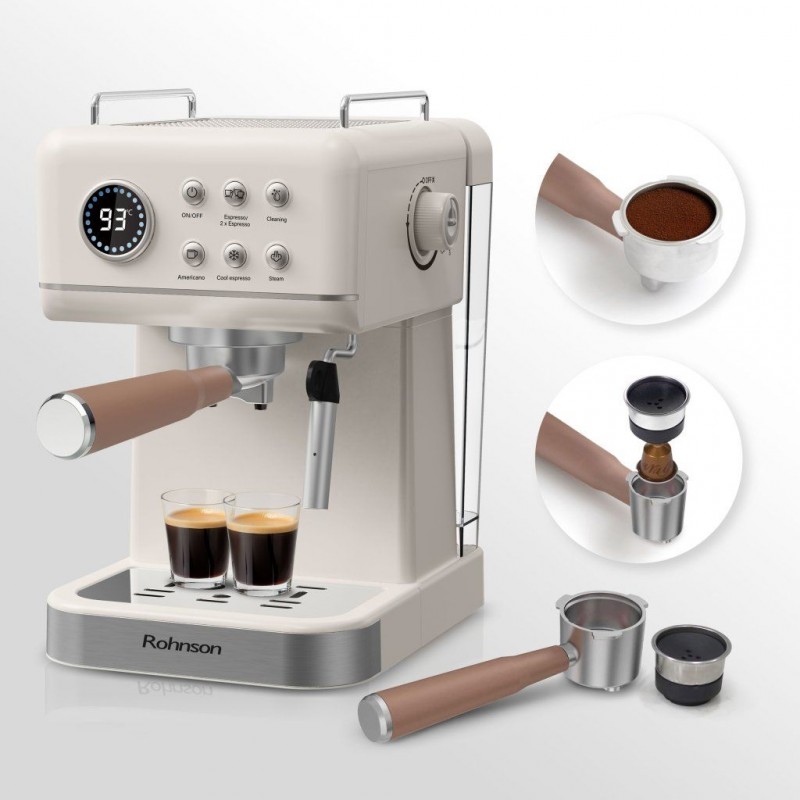 Espressor manual Rohnson R98036 RETRO, 20 bari, 1350 W, 1,5 L,cafea macinata sau capsule Nespresso®,protectie la supraincalzire si suprapresiune, ERP, NTC, PID,crem