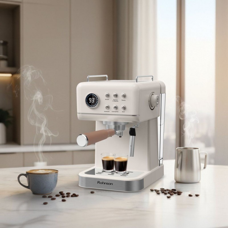 Espressor manual Rohnson R98036 RETRO, 20 bari, 1350 W, 1,5 L,cafea macinata sau capsule Nespresso®,protectie la supraincalzire si suprapresiune, ERP, NTC, PID,crem