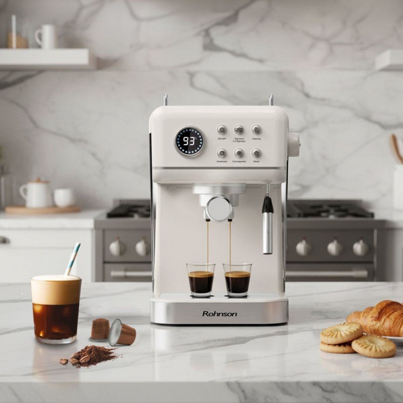 Espressor manual Rohnson R98036 RETRO, 20 bari, 1350 W, 1,5 L,cafea macinata sau capsule Nespresso®,protectie la supraincalzire si suprapresiune, ERP, NTC, PID,crem