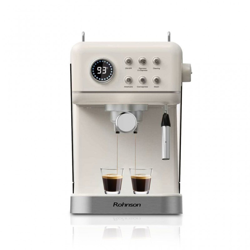 Espressor manual Rohnson R98036 RETRO, 20 bari, 1350 W, 1,5 L,cafea macinata sau capsule Nespresso®,protectie la supraincalzire si suprapresiune, ERP, NTC, PID,crem