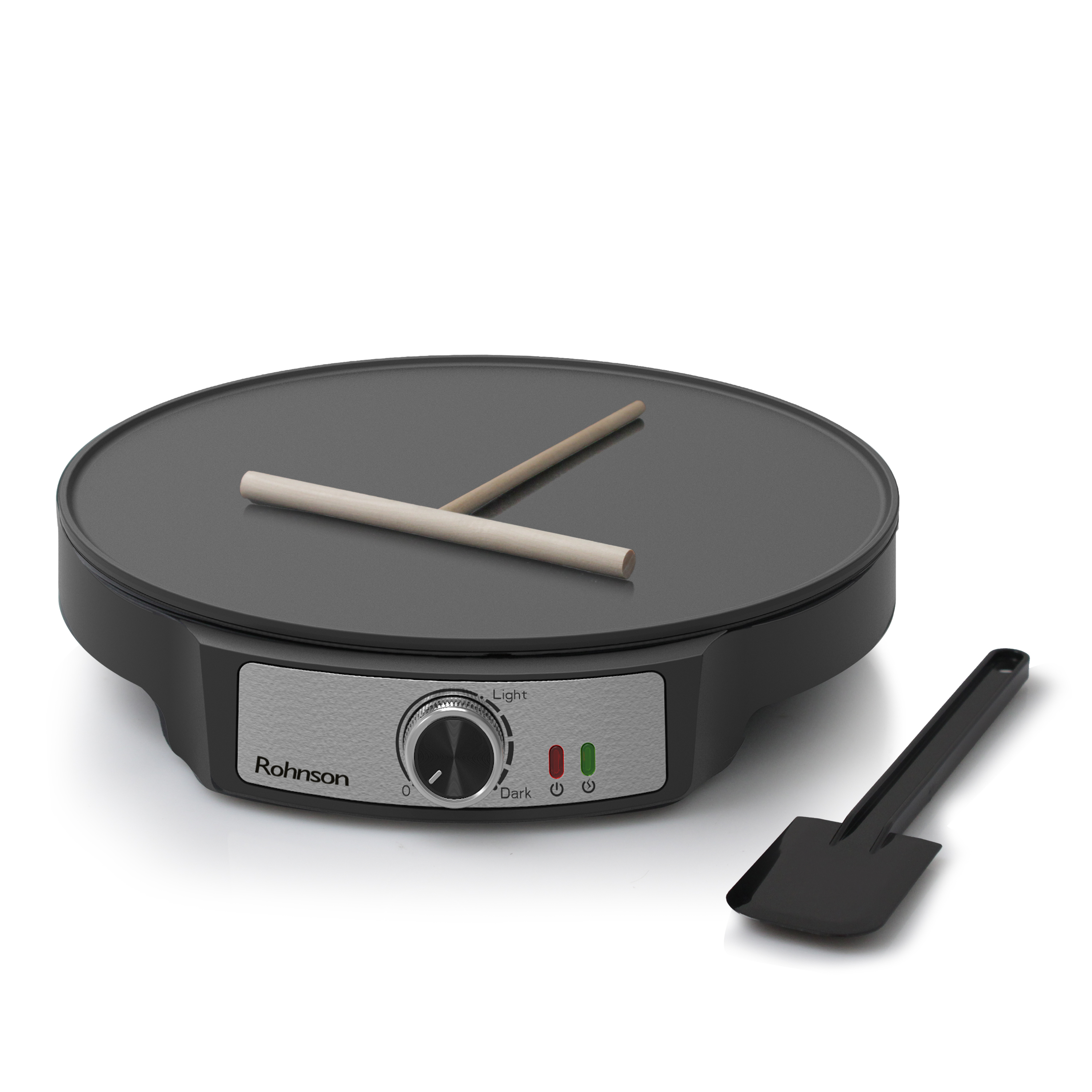 Aparat pentru preparat clatite Rohnson R2203, 1200 W, diametru plita 30 cm, termostat reglabil, spatula si T-tool din lemn, Negru