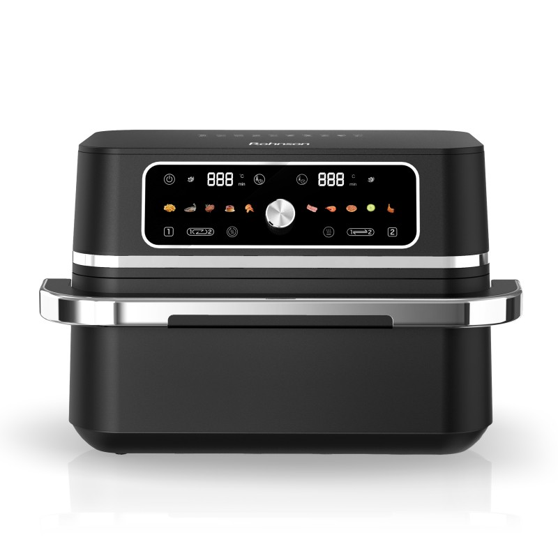 Friteuza cu aer cald 2 in 1 Rohnson R28017, 2x4.5L,3100W, timer 60 min, 80-200°C, panou tactil digital LED, 10 programe, 3D la 360°, protectie supraincalzire, oprire automata