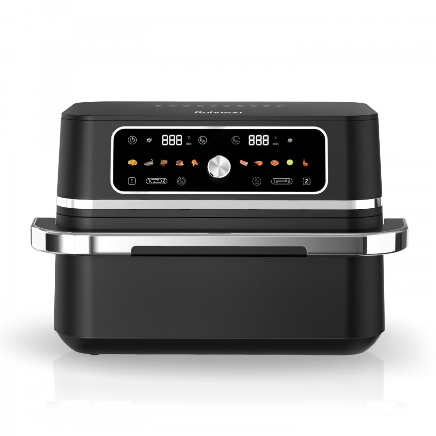 Friteuza cu aer cald 2 in 1 Rohnson R28017, 2x4.5L,3100W, timer 60 min, 80-200°C, panou tactil digital LED, 10 programe, 3D la 360°, protectie supraincalzire, oprire automata
