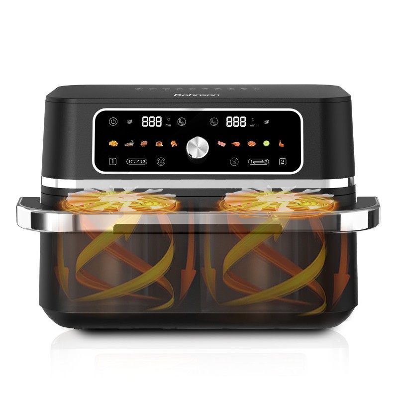 Friteuza cu aer cald 2 in 1 Rohnson R28017, 2x4.5L,3100W, timer 60 min, 80-200°C, panou tactil digital LED, 10 programe, 3D la 360°, protectie supraincalzire, oprire automata