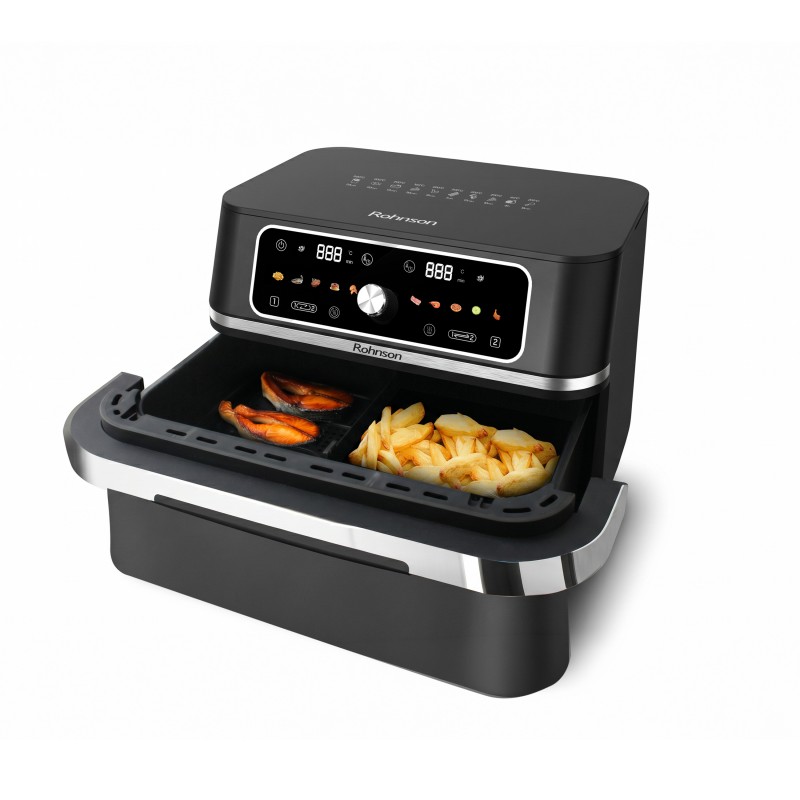 Friteuza cu aer cald 2 in 1 Rohnson R28017, 2x4.5L,3100W, timer 60 min, 80-200°C, panou tactil digital LED, 10 programe, 3D la 360°, protectie supraincalzire, oprire automata