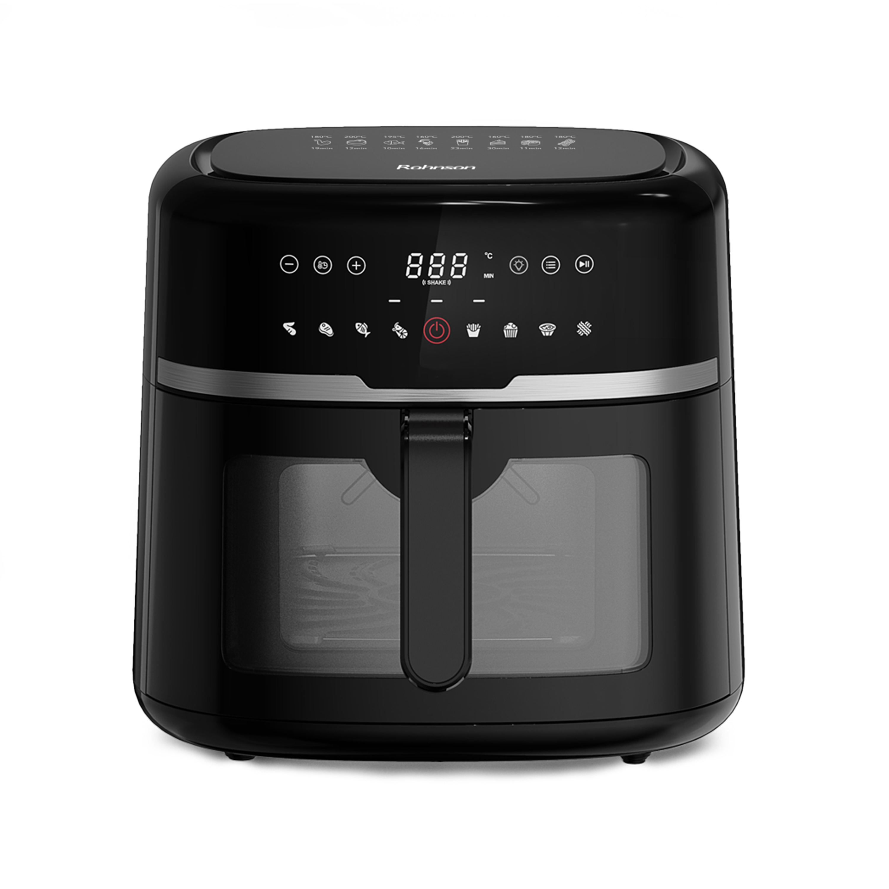 Friteuza cu aer cald Rohnson R2888, 8L, 1800W, timer 1h, 80-200 °C, Panou tactil digital LED, 8 programe, sistem 3D la 360°, fereastra dubla, 