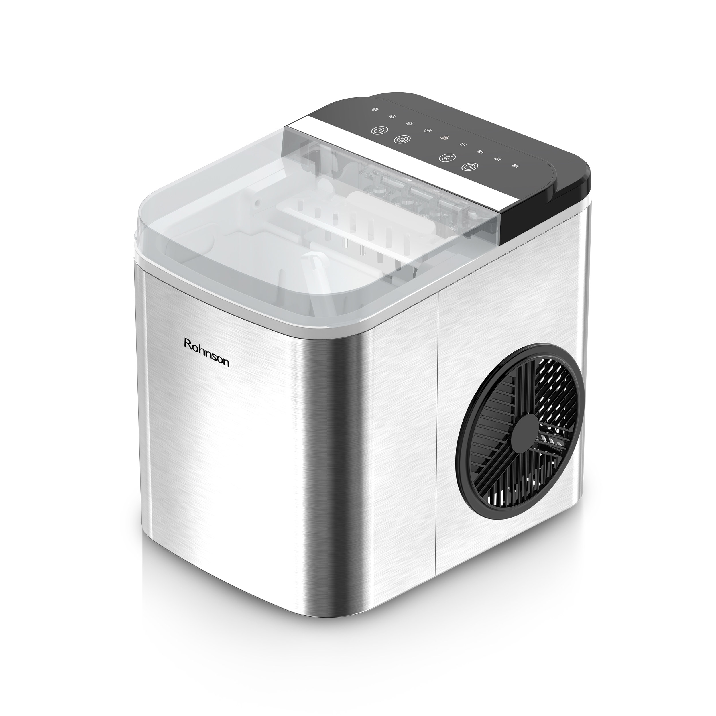 Masina cuburi de gheata Rohnson R40112, 100W, 12kg/24h, inox, capacitate rezervor apa 1.3l, 2 x optiuni dimensiune cuburi de gheata, curatare automata
