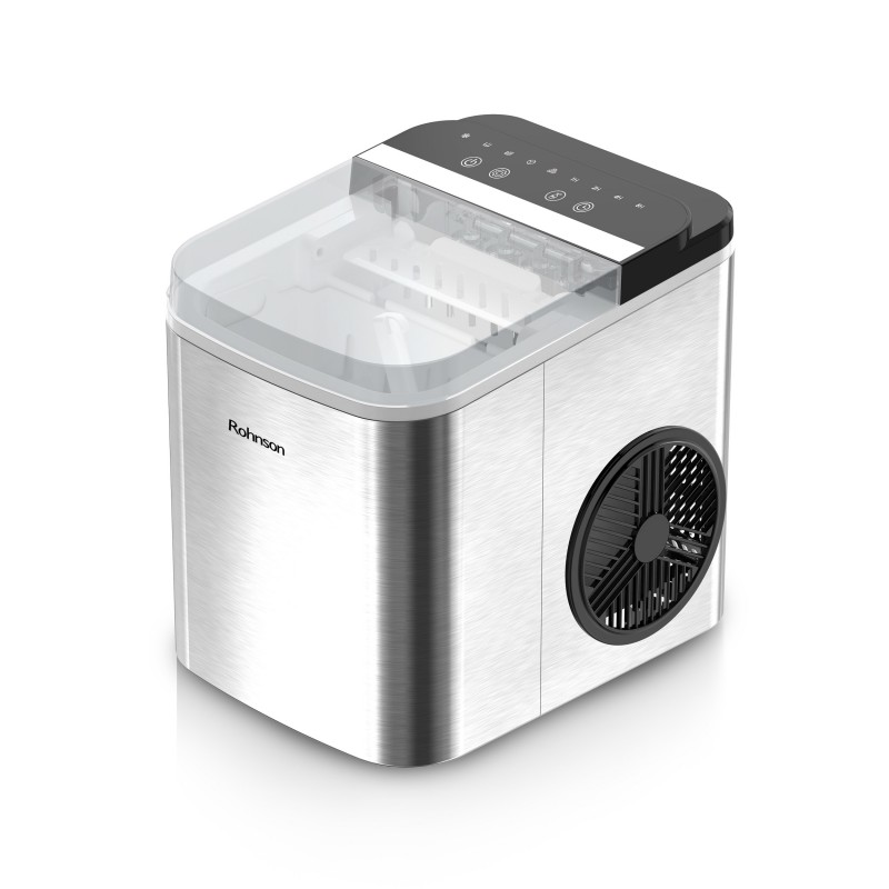Masina cuburi de gheata Rohnson R40112, 100W, 12kg/24h, inox, capacitate rezervor apa 1.3l, 2 x optiuni dimensiune cuburi de gheata, curatare automata, capac transparent