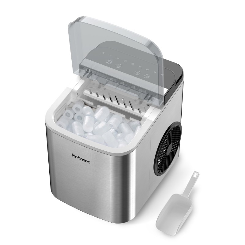 Masina cuburi de gheata Rohnson R40112, 100W, 12kg/24h, inox, capacitate rezervor apa 1.3l, 2 x optiuni dimensiune cuburi de gheata, curatare automata, capac transparent