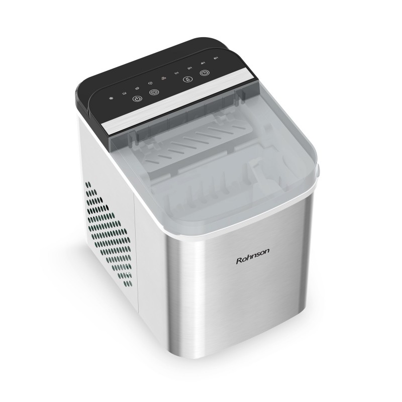 Masina cuburi de gheata Rohnson R40112, 100W, 12kg/24h, inox, capacitate rezervor apa 1.3l, 2 x optiuni dimensiune cuburi de gheata, curatare automata, capac transparent
