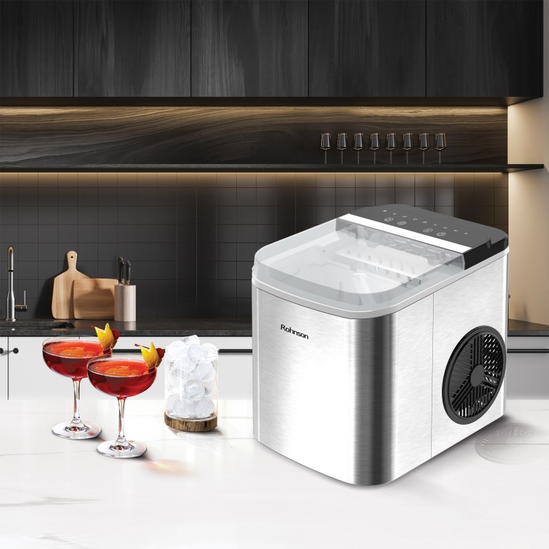 Masina cuburi de gheata Rohnson R40112, 100W, 12kg/24h, inox, capacitate rezervor apa 1.3l, 2 x optiuni dimensiune cuburi de gheata, curatare automata, capac transparent